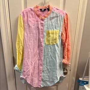 Lands' End womens 100% linen pastel colorblock long sleeve Button-Up Shirt. Sz S